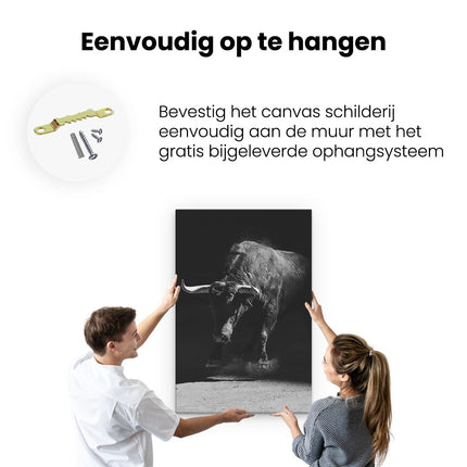 Canvas schilderij ophangen Stier In De Arena - Zwart Wit