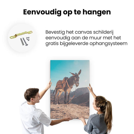 Canvas schilderij ophangen Ezel In De Woestijn Met Helder Blauw Lucht