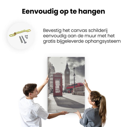 Canvas schilderij ophangen Rode Telefooncel in Londen bij de Big Ben