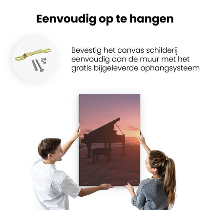 Canvas schilderij ophangen Piano op het Strand bij Zonsondergang