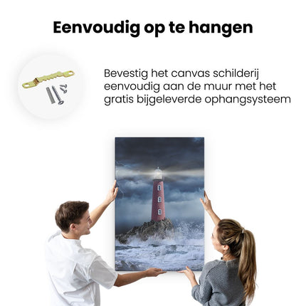 Canvas schilderij ophangen Vuurtoren op een Storm Zee met Golfen Water