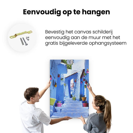 Canvas schilderij ophangen Blauwe Huizen met Bloempotten in Chefchaouen, Marokko