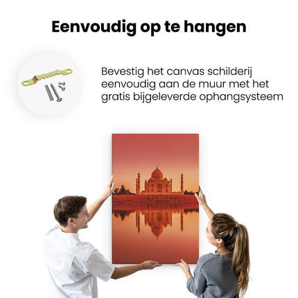 Canvas schilderij ophangen Taj Mahal bij Zonsondergang