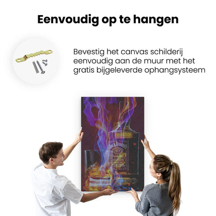 Canvas schilderij ophangen Jack Daniels Fles in Vuur