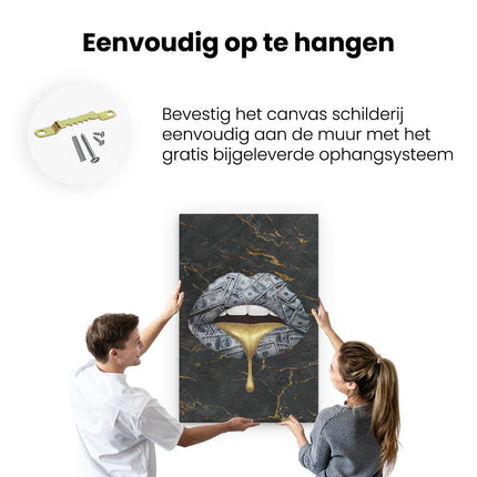 Canvas schilderij ophangen Dollar Lippen Met Gesmolten Goud