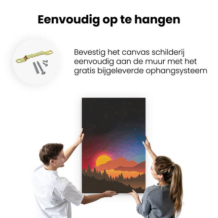 Canvas schilderij ophangen Getekende Zonsondergang achter de Bergen van het Bos