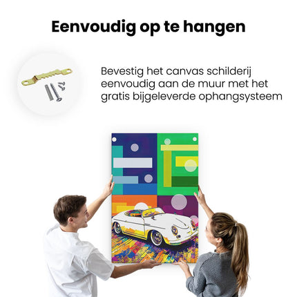 Canvas schilderij ophangen Witte Retro Auto met Abstracte Figuren