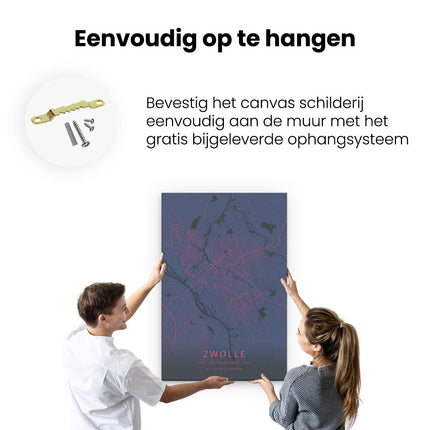 Canvas schilderij ophangen Stadskaart Zwolle in het Rood en Zwart