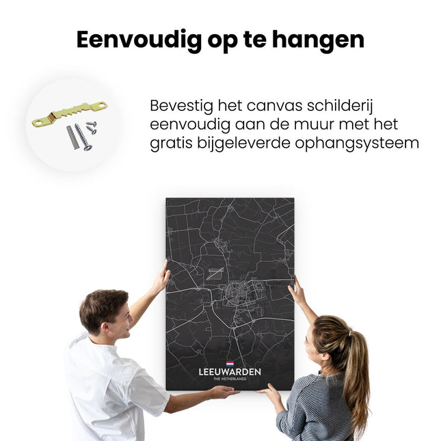 Canvas schilderij ophangen Stadskaart Leeuwarden in het Zwart