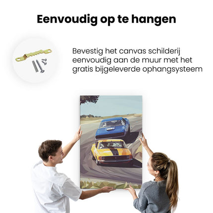 Canvas schilderij ophangen Blauwe en Gele Raceauto Getekend