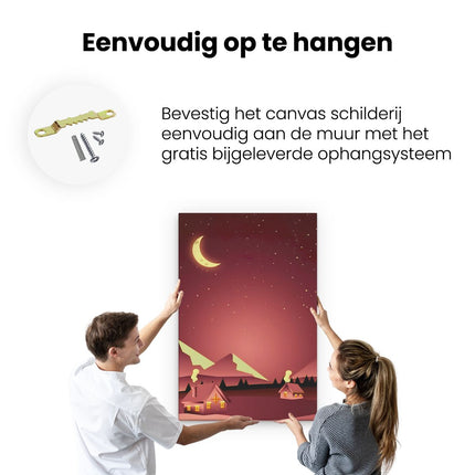 Canvas schilderij ophangen Twee Rode Getekende Huisjes met Rook in de Nacht
