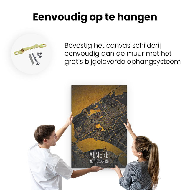 Canvas schilderij ophangen Stadskaart Almere in het Goud en Zwart