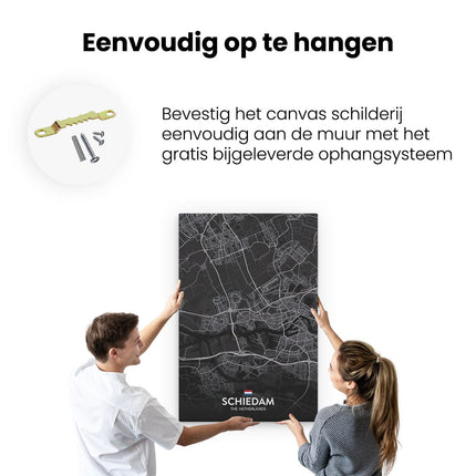 Canvas schilderij ophangen Stadskaart Schiedam in het Zwart