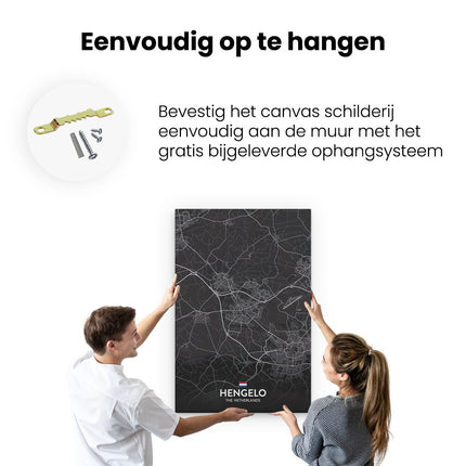Canvas schilderij ophangen Stadskaart Hengelo in het Zwart