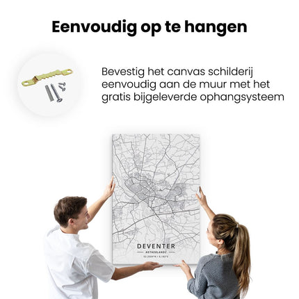 Canvas schilderij ophangen Stadskaart Deventer in het Wit