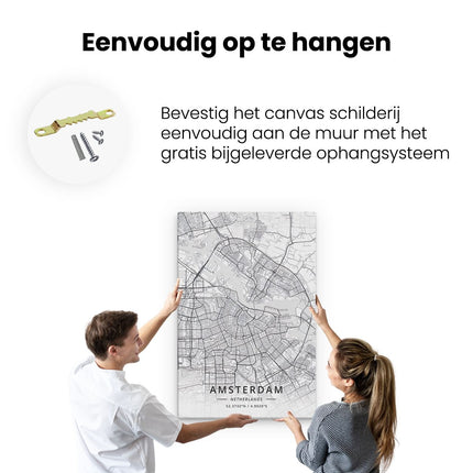 Canvas schilderij ophangen Stadskaart Amsterdam in het Wit