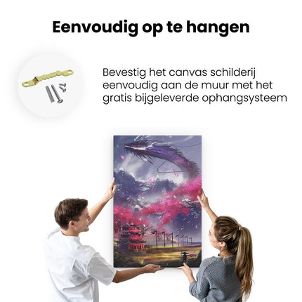 Canvas schilderij ophangen Fantasie Draak bij een Japanse Tempel in de Bergen