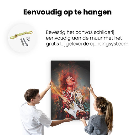 Canvas schilderij ophangen Jimi Hendrix met zijn Gitaar op Olieverf