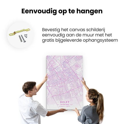 Canvas schilderij ophangen Stadskaart Delft in het Paars