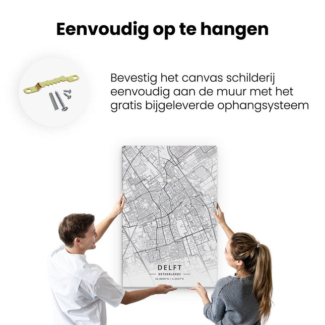 Canvas schilderij ophangen Stadskaart Delft in het Wit