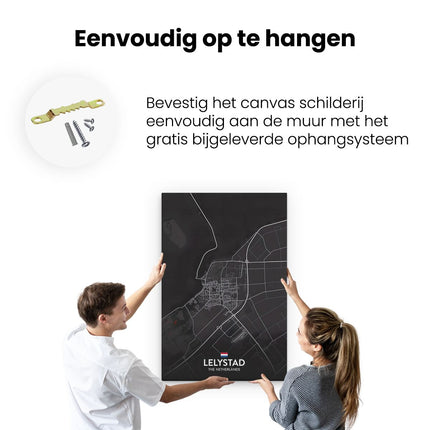 Canvas schilderij ophangen Stadskaart Lelystad in het Zwart