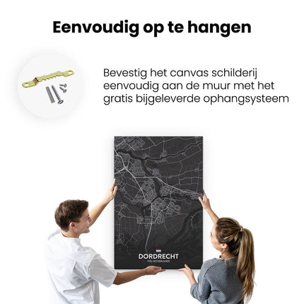 Canvas schilderij ophangen Stadskaart Dordrecht in het Zwart