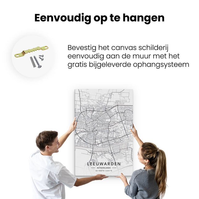 Canvas schilderij ophangen Stadskaart Leeuwarden in het Wit