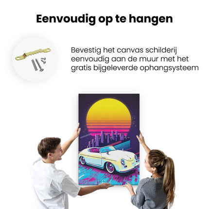 Canvas schilderij ophangen Retro Auto in de Stad bij Zonsondergang