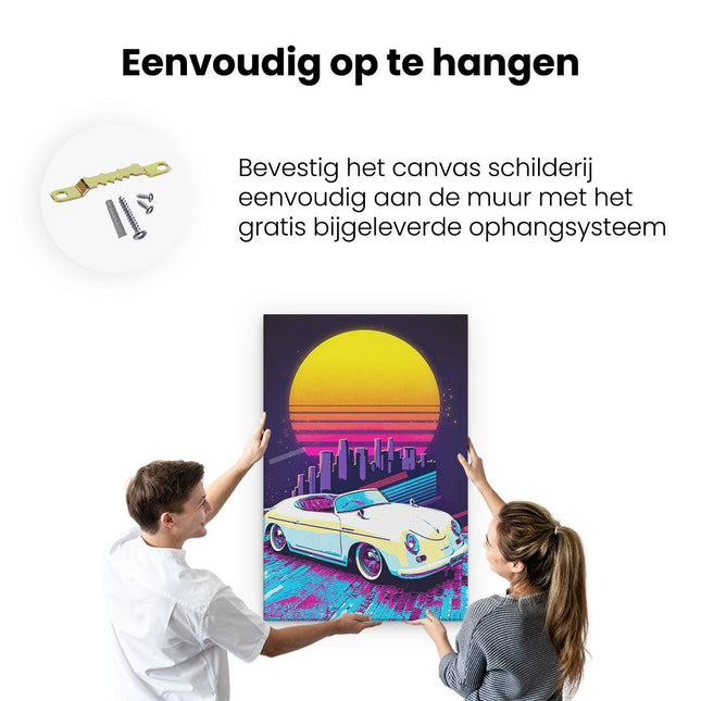Canvas schilderij ophangen Retro Auto in de Stad bij Zonsondergang
