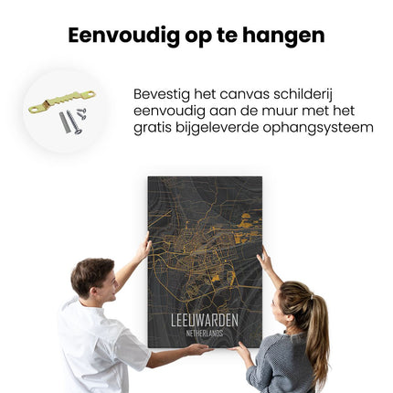 Canvas schilderij ophangen Stadskaart Leeuwarden in het Zwart Goud