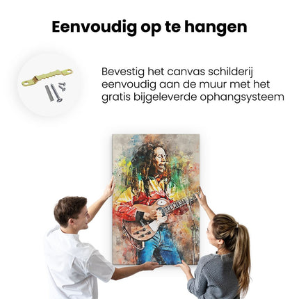 Canvas schilderij ophangen Bob Marley met zijn Gitaar in Olieverf