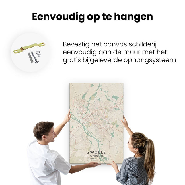 Canvas schilderij ophangen Stadskaart Zwolle in Beige
