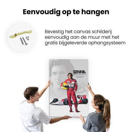 Canvas schilderij ophangen Ayrton Senna met zijn Formule 1 Auto