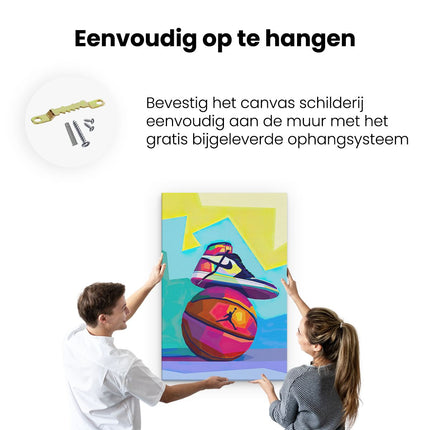 Canvas schilderij ophangen Nike Jordan op een Basketbal in Kleur