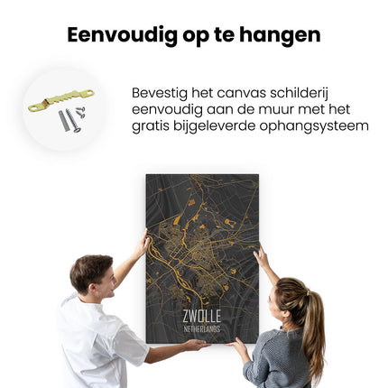 Canvas schilderij ophangen Stadskaart Zwolle In het Goud Zwart