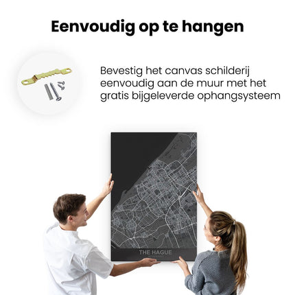 Canvas schilderij ophangen Stadskaart The Hague in het Zwart