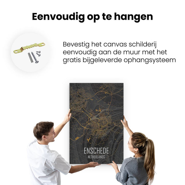 Canvas schilderij ophangen Stadskaart Enschede in het Zwart Goud