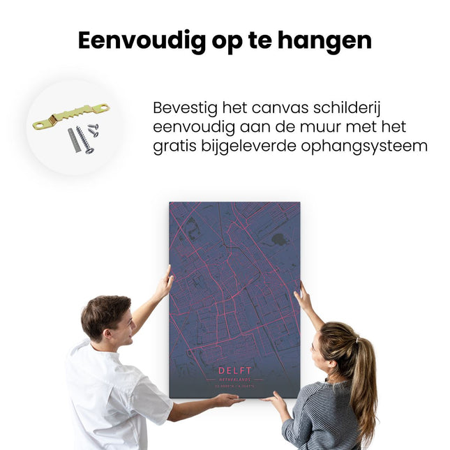 Canvas schilderij ophangen Stadskaart Delft in het Blauw