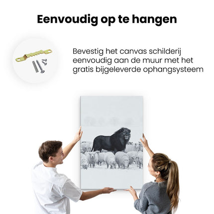 Canvas schilderij ophangen Leeuw bij een Kudde Schapen