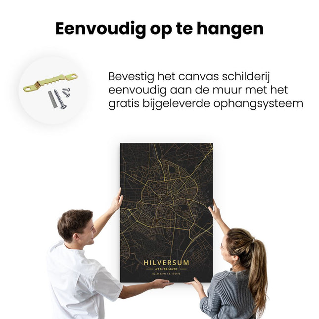 Canvas schilderij ophangen Stadskaart Hilversum in het Zwart Goud