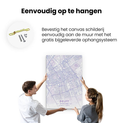 Canvas schilderij ophangen Stadskaart Delft in het Licht Paars