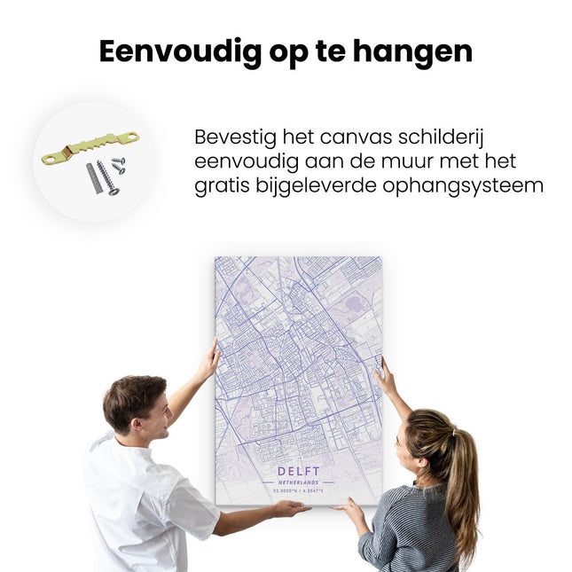 Canvas schilderij ophangen Stadskaart Delft in het Licht Paars