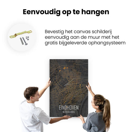 Canvas schilderij ophangen Stadskaart Eindhoven in het Zwart Goud