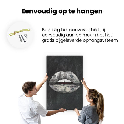 Canvas schilderij ophangen Dollar Lippen op het Zwart
