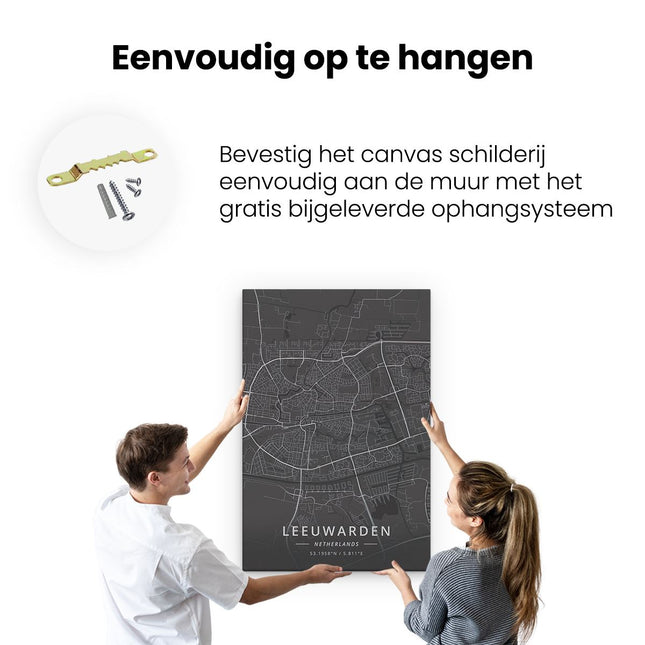 Canvas schilderij ophangen Stadskaart Leeuwarden in het Zwart