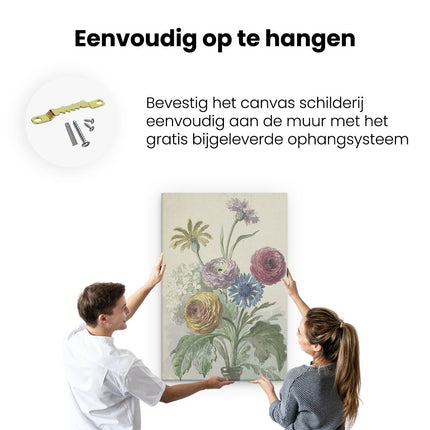 Canvas schilderij ophangen Boeket met Bloemen in de Hals van een Groene Vaas - Willem van Leen