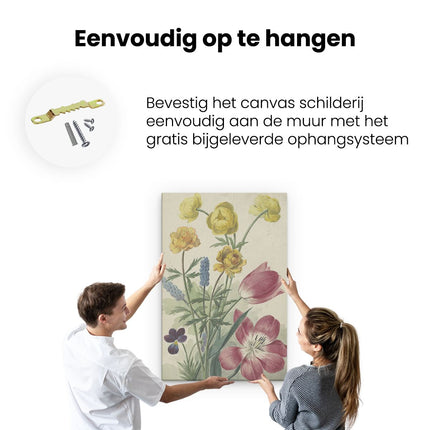 Canvas schilderij ophangen Boeket van Tulpen, Viooltjes, Blauwe Druifjes en Dotters - Willem van Leen