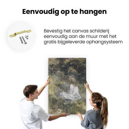 Canvas schilderij ophangen Een Meisje met Bloemen in het Gras - Jacob Maris