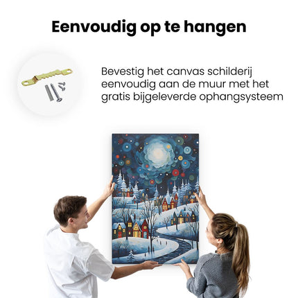 Canvas schilderij ophangen Huisjes in de Winter - Tekening