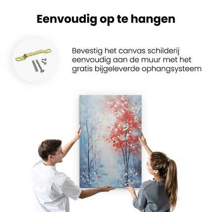 Canvas schilderij ophangen Wintersbos - Rode Boom -Olieverf Tekening